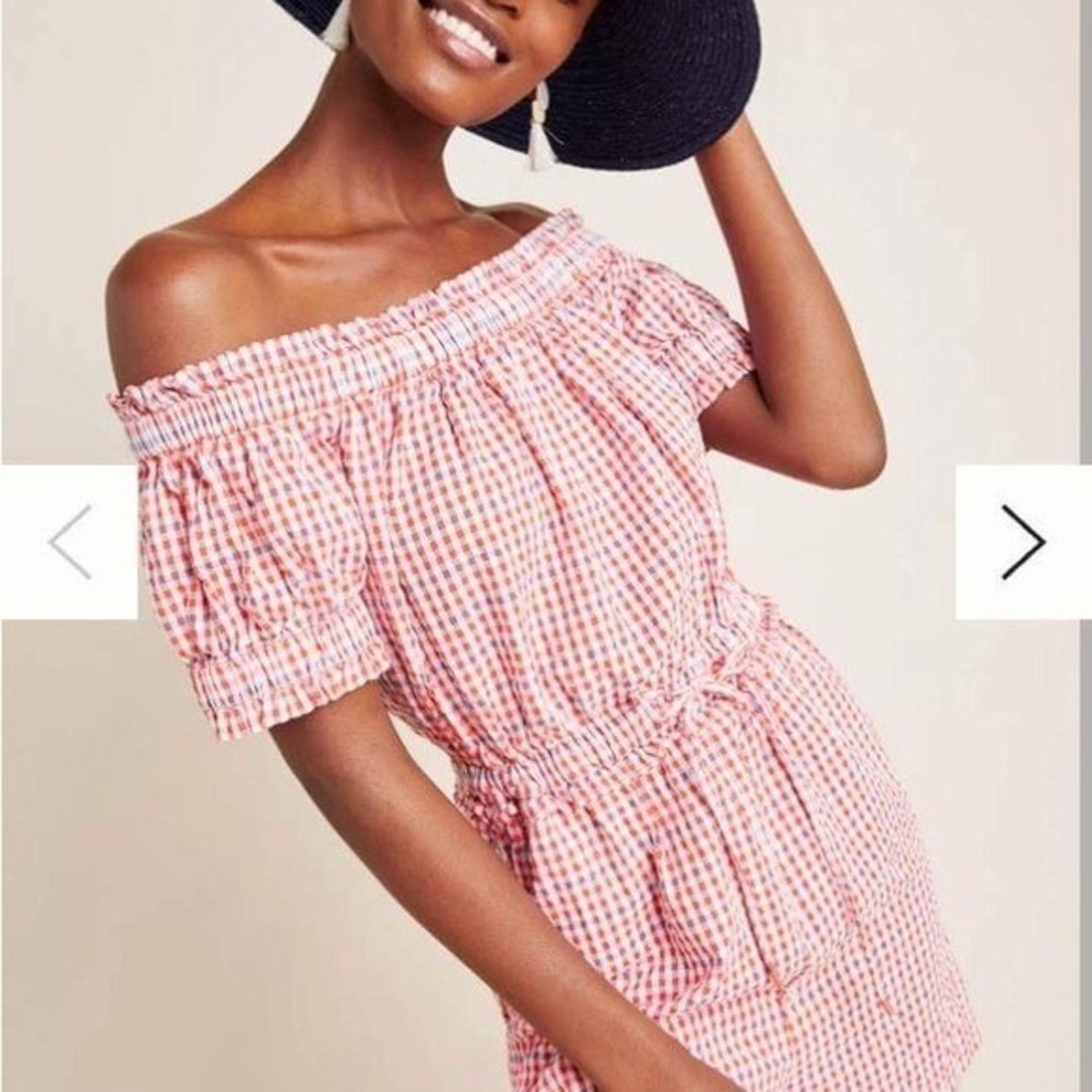 Anthropologie checkered off the shoulder‎ romper
